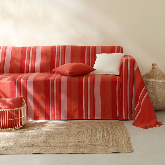 Plaid jeté multicolore coton tissage artisanal (terracotta)