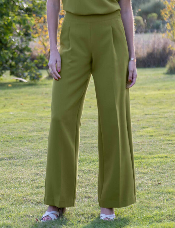 Pantalon large &agrave; pinces taille haute, uni (mosgroen)