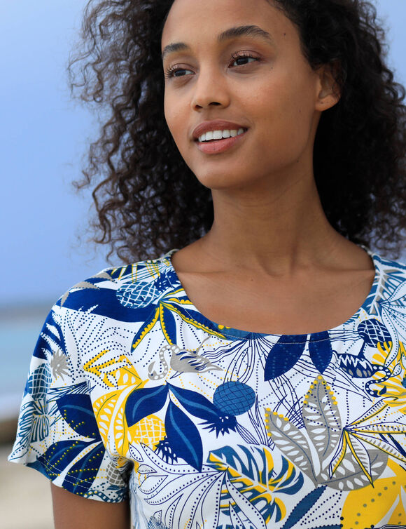 Robe courte imprimée manches courtes (bleu / jaune)