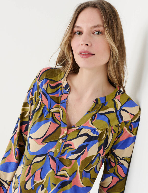Tunique col boutonn&eacute; imprim&eacute; floral (vert olive / bleu)