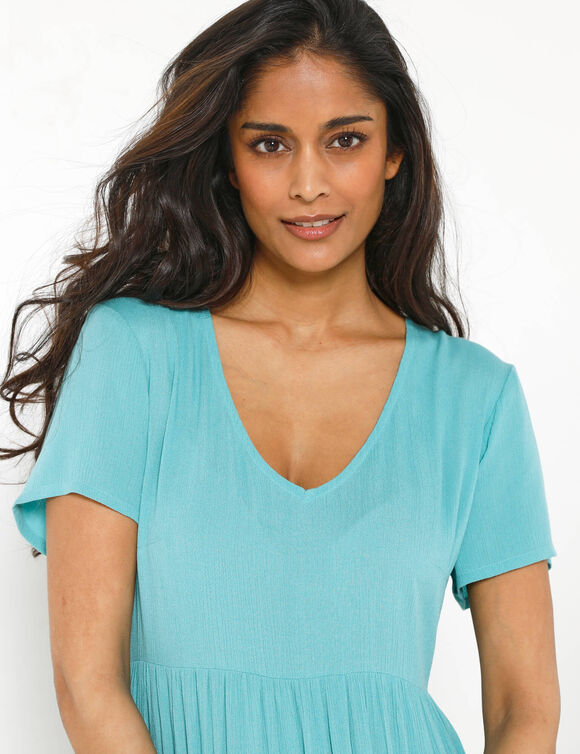 Robe col V longue unie, cr&eacute;pon (turquoise)