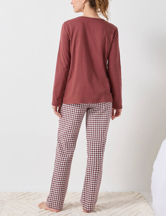 Pyjama pantalon "canards" et vichy en coton-flanelle + chouchou assorti (chocolat / &eacute;cru)