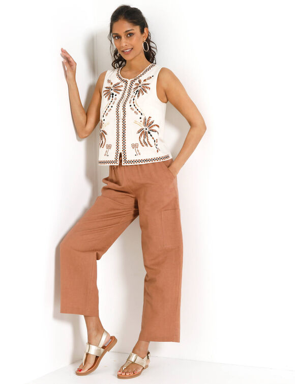 Pantacourt large &agrave; poches en coton-lin (noisette)