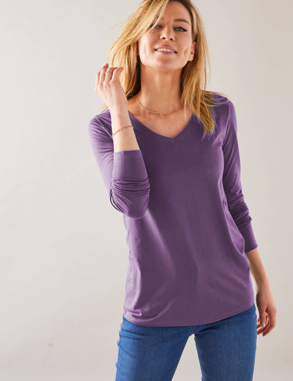 T-shirt col V manches longues (violet)