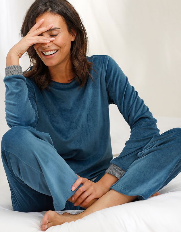 Pyjama in velours met glanzende details, petroleumblauw, petroleumblauw, hi-res