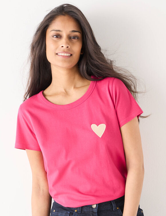 T-shirt uni brodé coeur manches courtes (rose)