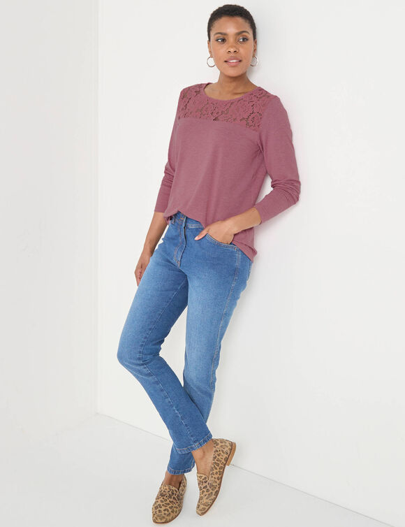 T-shirt col rond manches longues dentelle (bois de rose chin&eacute;)
