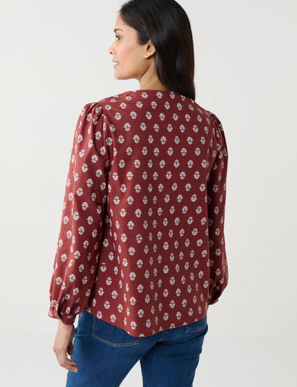 Blouse imprim&eacute; minimaliste en coton, col fendu (terracotta / &eacute;cru)