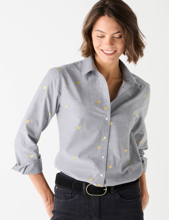 Bloes in chambray met knoopsluiting en hartjesprint (grijs / goudkleurig)
