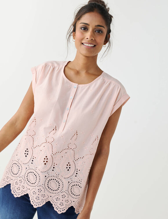 Blouse en broderie anglaise, sans manches (rose poudr&eacute;)