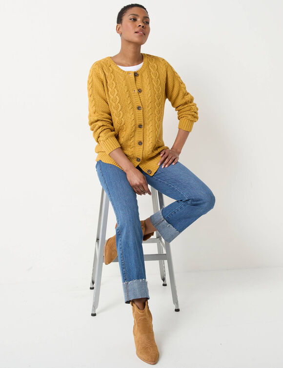 Cardigan boutonné, maille torsadée (curry)