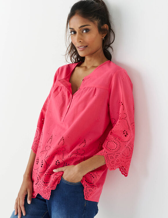 Effen bloes met 3/4-mouwen, broderie anglaise (framboos)