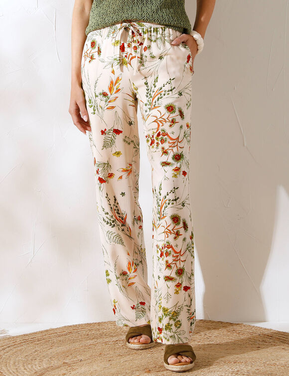Pantalon large fluide, imprim&eacute; fleuri (&eacute;cru / kaki)