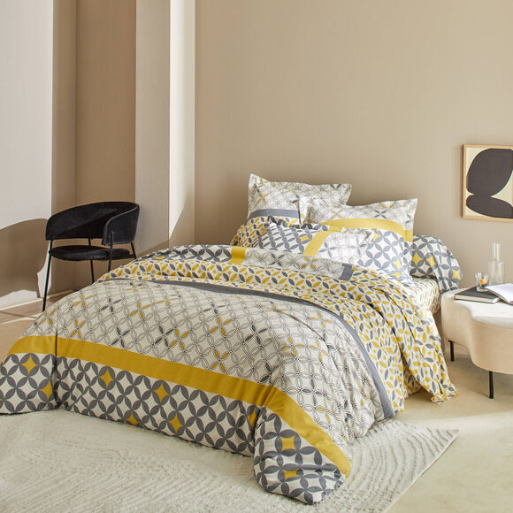 Linge de lit Marlow en coton motifs géométriques (gris / jaune)