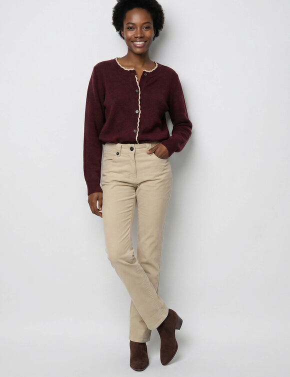 Cardigan &agrave; bords festonn&eacute;s contrast&eacute;s, enrichi en laine (bordeaux / beige)