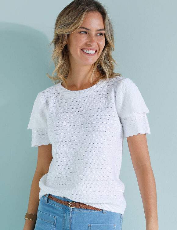 Pull manches courtes, maille fantaisie (blanc cassé)