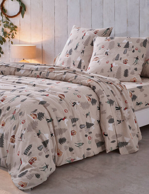 Linge de lit en coton impim&eacute; motif skieurs (beige)