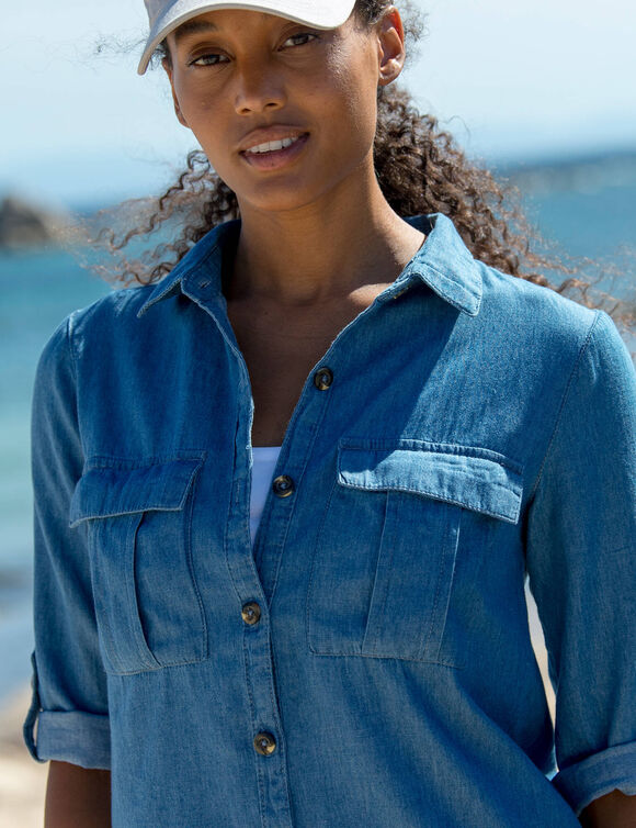 Chemisier jean l&eacute;ger, manches retroussables (bleached)