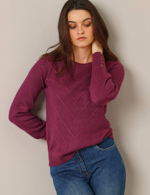 Pull maille fantaisie et d&eacute;tail boutons poignets, toucher doux  (prune)