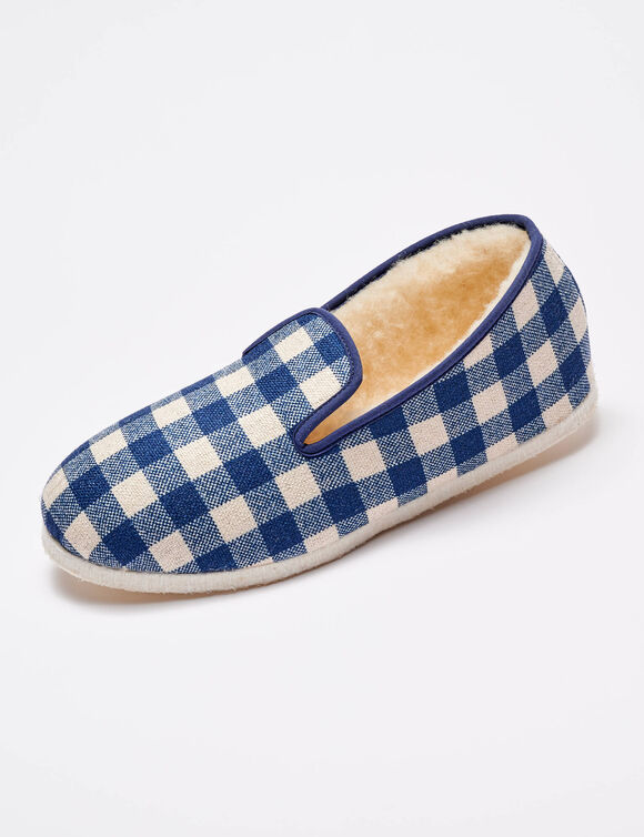 Charentaises silencieuses carreaux fourr&eacute;es laine (bleu marine)