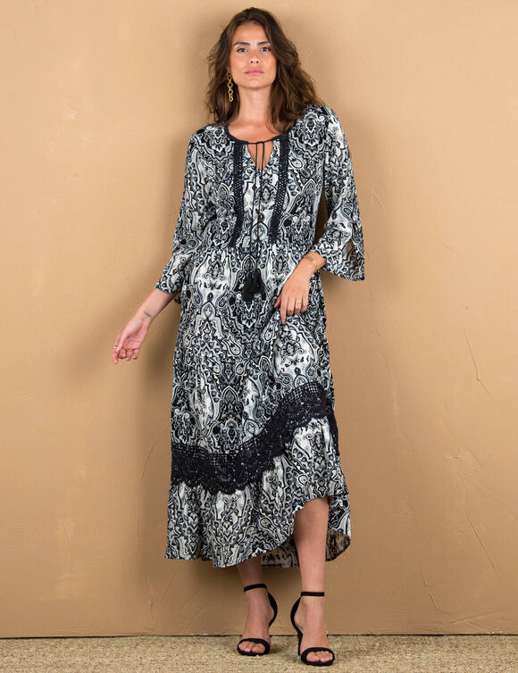Robe longue imprimée manches 3/4 fendues, crépon (noir / écru)