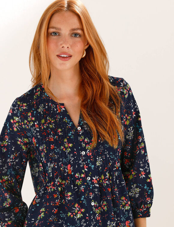 Tunique boutonn&eacute;e &agrave; plis imprim&eacute; fleuri (marine)