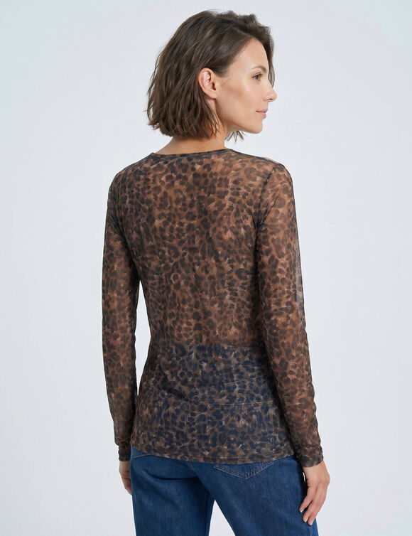 T-shirt manches longues en r&eacute;sille, imprim&eacute; l&eacute;opard (taupe / noir)