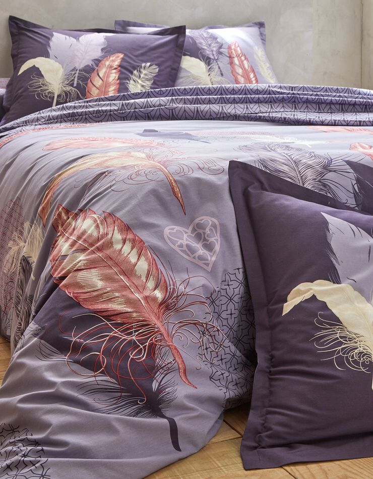 Linge de lit Pauline en coton imprimé plumes (parme)