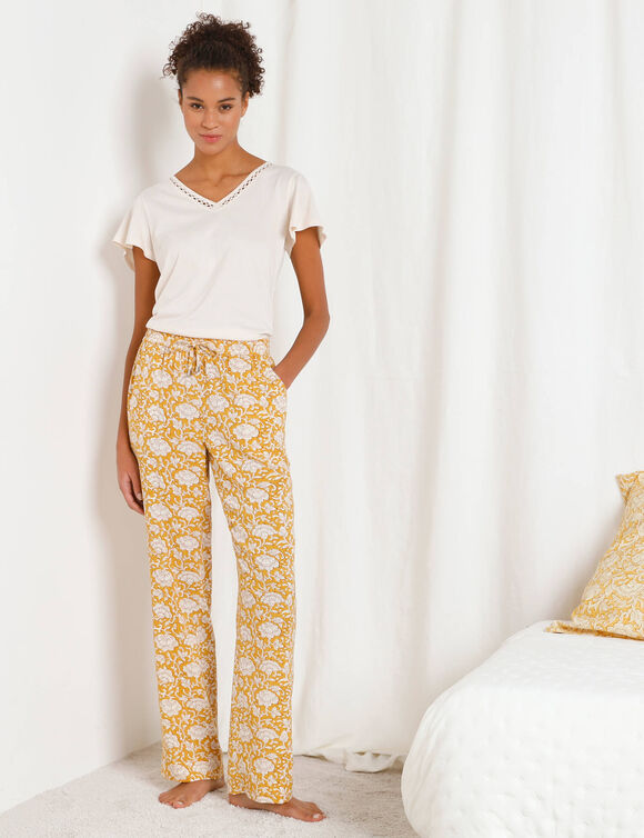 Pantalon de pyjama imprimé fleurs "Laurette" (curry / écru)