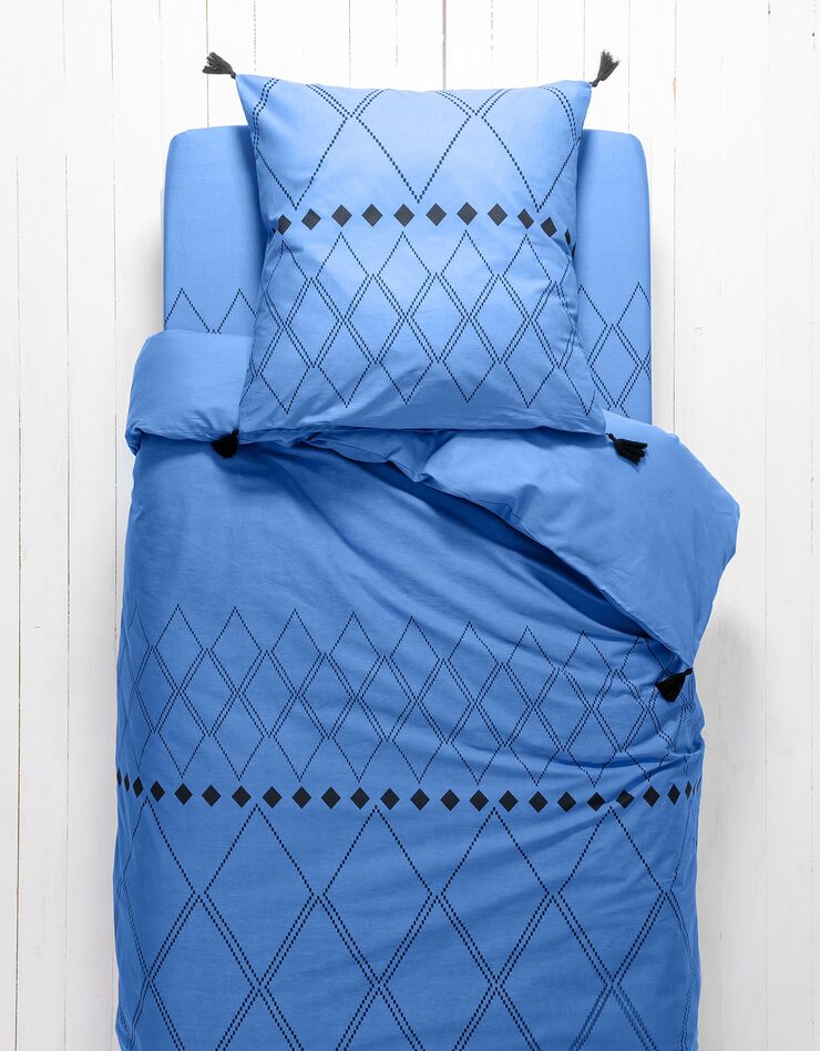 Linge de lit enfant Massai - coton motifs graphiques et finitions pompons (bleu océan)
