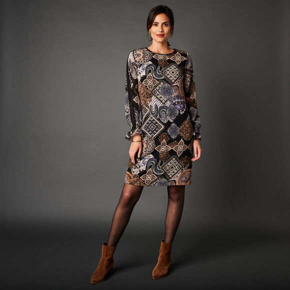 Robe droite imprimé patchwork (noir / beige)