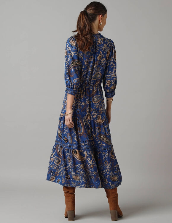 Lange jurk met elastische tailleband, bedrukte cr&ecirc;pe (blauw)