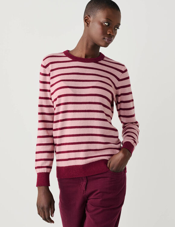 Pull ray&eacute; col rond, laine d'agneau (bordeaux / rose poudr&eacute;)