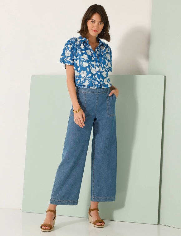 Chemisier smocks épaules, imprimé bicolore (bleu / écru)