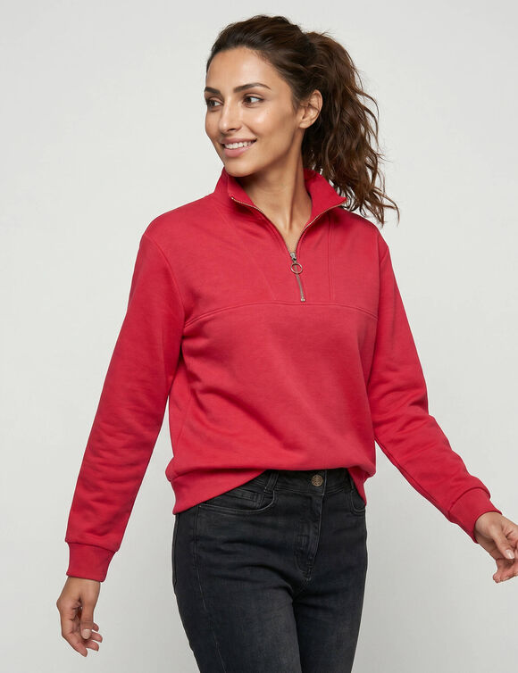 Sweat col montant zipp&eacute; en molleton gratt&eacute; (rouge)