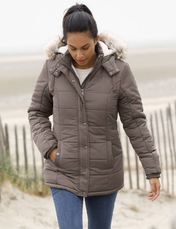 Doudoune à capuche imperméable, doublée polaire sherpa (taupe foncé)