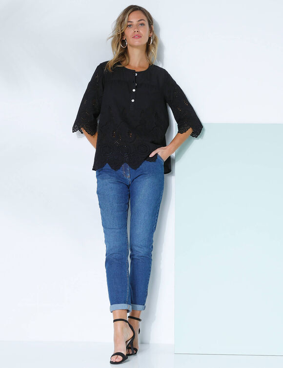 Blouse unie manches 3/4, broderie anglaise (noir)
