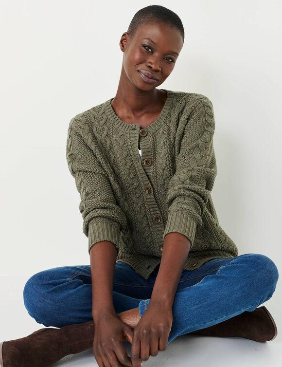 Cardigan boutonn&eacute;, maille torsad&eacute;e (kaki)
