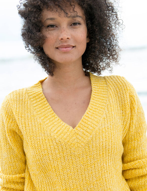 Pull loose col V, maille anglaise (curry chiné)