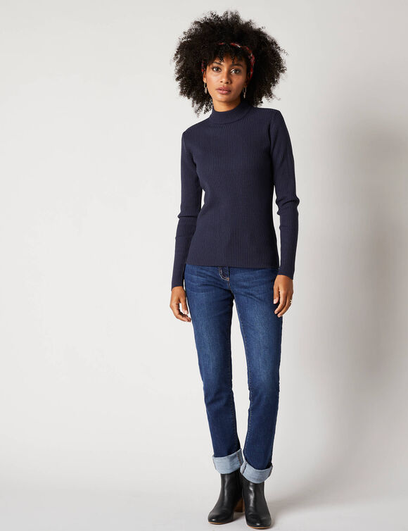 Pull col montant court, maille c&ocirc;tel&eacute;e (marine)