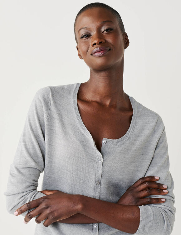 Cardigan boutonn&eacute; col rond uni, toucher doux (gris chin&eacute;)
