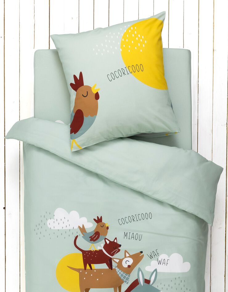Linge de lit enfant Cocorico imprimé 1 personne - coton (céladon)