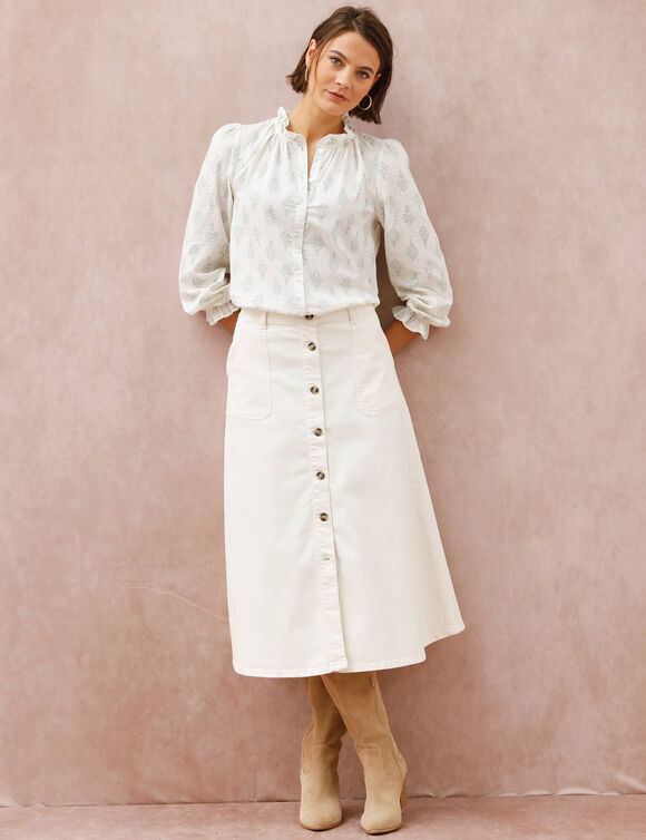 Chemisier volant&eacute; imprim&eacute; "indien" bicolore, coton textur&eacute; (&eacute;cru / vert)