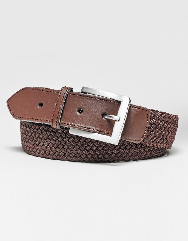 Rekbare gevlochten riem met leren details (chocolade)