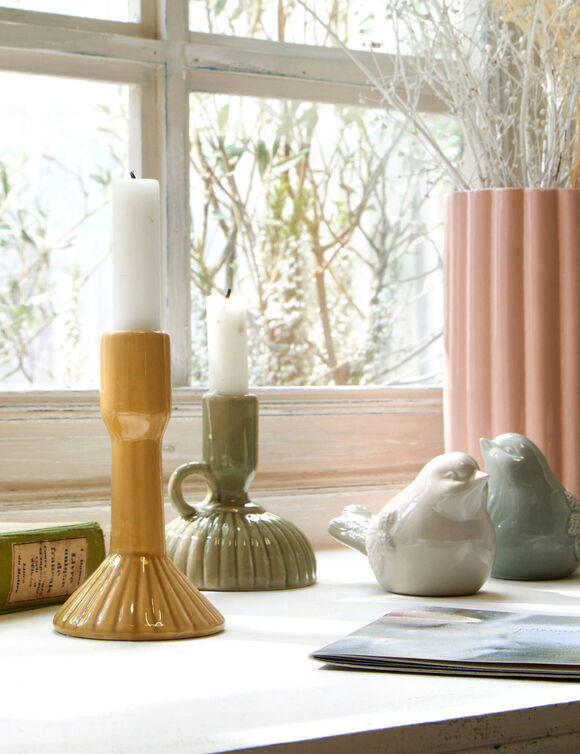 Bougeoir stri&eacute; c&eacute;ramique jaune (jaune)