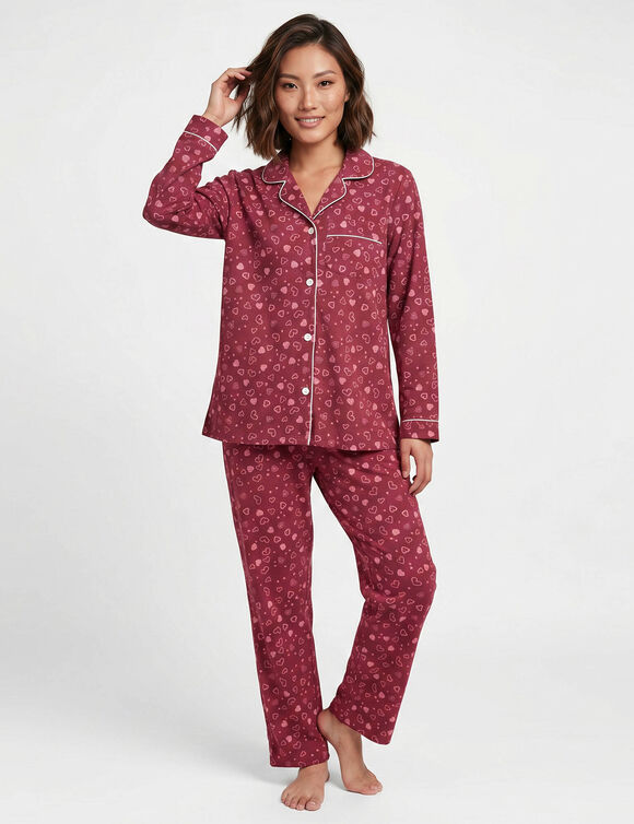 Pyjama pantalon pilou imprim&eacute; "coeurs"  (cerise)