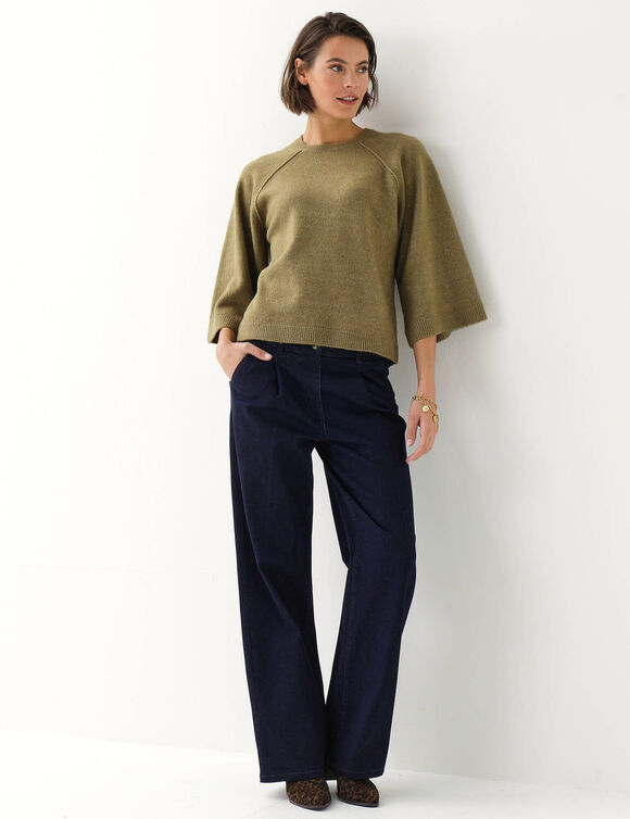 Pull court &eacute;vas&eacute; raglan, larges manches 3/4  (kaki clair)