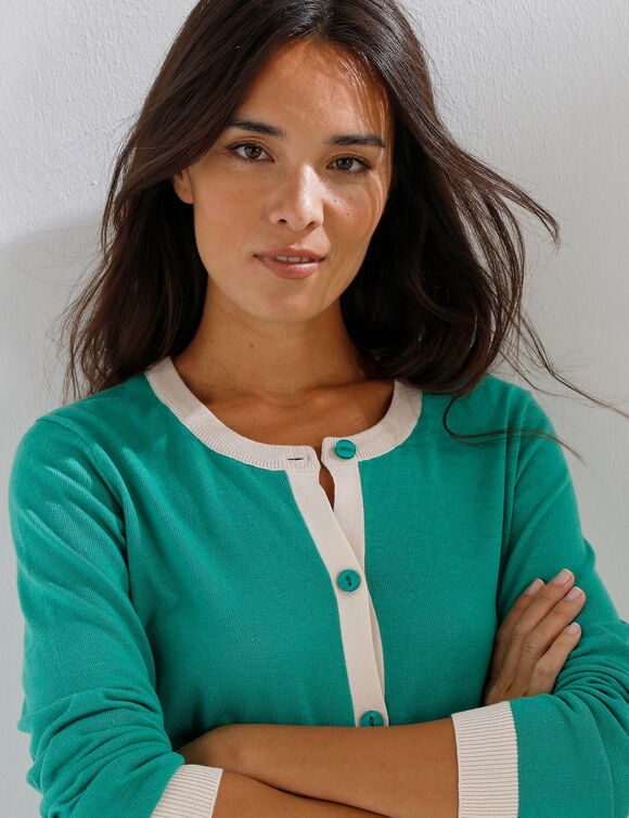 Gilet col rond bicolore, boutonn&eacute; (groen / ecru)