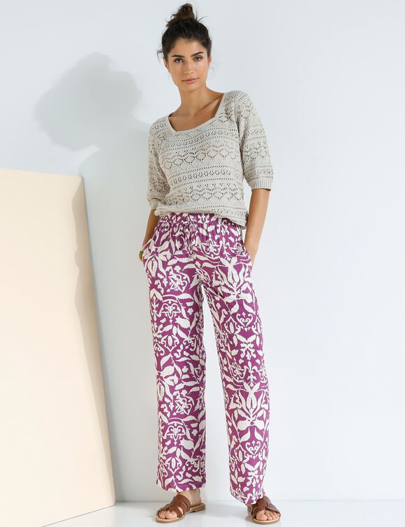 Pull maille ajourée fantaisie, manches coude (beige)