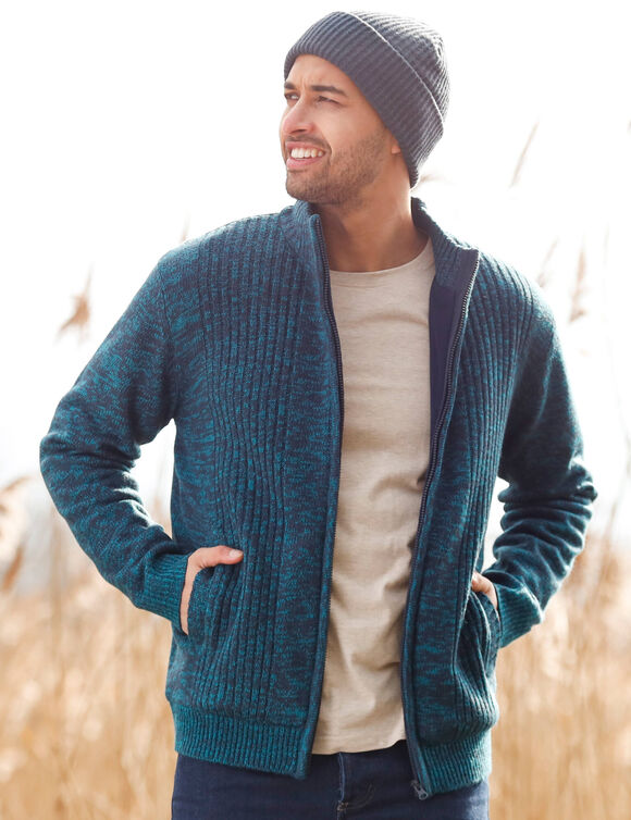 Gilet col montant zippé en tricot, corps doublé polaire (bleu canard mouliné)